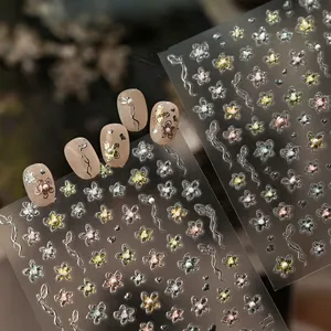 French style 3D flower nail stickers with metallic pearl and silver line patterns