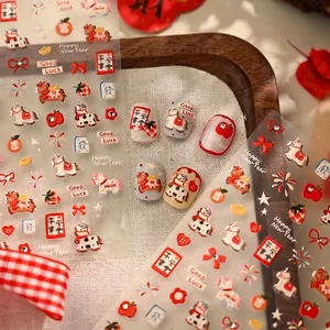 Autocollants de Nail Art en Relief 3D Nouvel An Chinois Caractère de Chance Poney Feu d'Artifice Rouge Or Blanc DIY Décoration Manucure