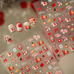 Stickers nail art 5D rouge festif avec chevaux mignons et motifs de feux d'artifice