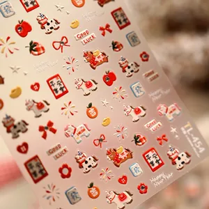 Stickers ongles 3D avec cheval rouge, feux d'artifice et motifs du Nouvel An