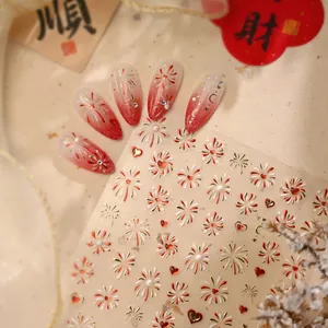 New Year nail stickers set with red and white gradient, gold fireworks, and pearls