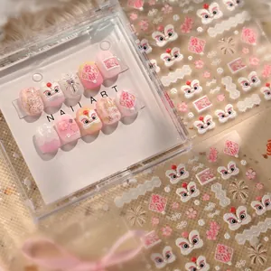 Pink Chinese lion dance nail stickers set with floral patterns and fireworks design