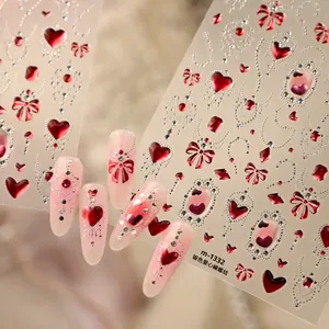 5D Reliëf Nagelkunst Stickers Rood Hart Strik Zilver Accent Valentijnsdag Romantisch Zoet DIY Manicure Decor Accessoires