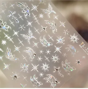 Macro detail of TL-1 holographic butterfly nail art stickers with stars and rhinestones