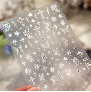 Macro view of holographic butterfly nail stickers with silver laser star and cross patterns