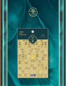 Detailed view of TS-039 5D embossed yellow smiley face nail stickers with text