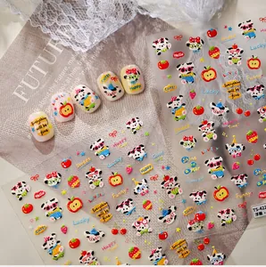 Detail of 3D embossed nail stickers featuring cartoon pandas and fruit on lace background