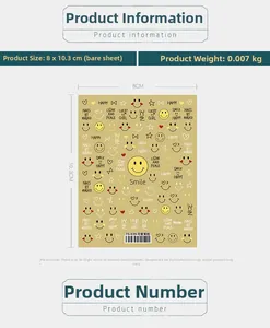 5D embossed yellow smiley face nail stickers with hearts and stars details, size 8x10.3cm