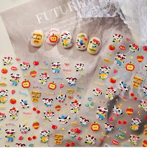 3D relief nail stickers featuring cute panda and fruit patterns with lucky slogans