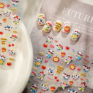 Cute cartoon panda and fruit nail stickers set with motivational text and spring motifs
