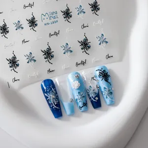 Adesivi per unghie 5D con fiori blu e bianchi per decorazioni manicure in stile giapponese