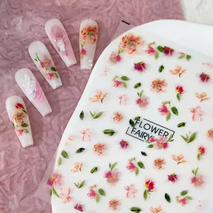 Adesivi per unghie 5D con fiori a rilievo e motivi acquerello su sfondo rosa