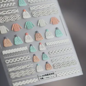 5D Embossed Nail Art Stickers Sweater Knitting Pattern 3D Relief Manicure Decals DIY Winter Theme Women Beauty Accessory