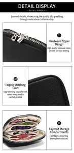 Detalle de bolsa para joyas en cuero lichi negro con cremallera de metal plateado