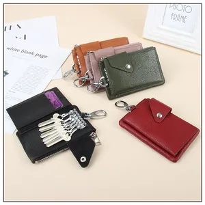 Litchi pattern genuine leather key pouch with 6 hooks, card slots and zipper pocket