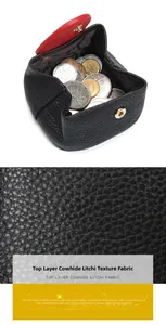 Close-up of litchi grain cowhide coin purse with snap closure showing interior coins