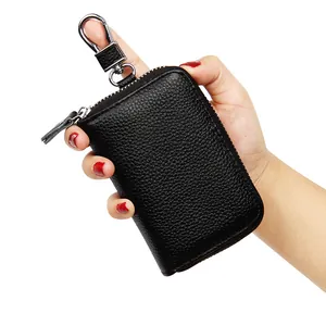 Black genuine leather car key case with litchi pattern and silver metal carabiner