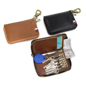 Genuine leather key holder wallet with multi-function slots and vintage hook in black and brown