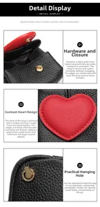 Detail showing genuine black lychee leather coin purse with red heart and gold snap button