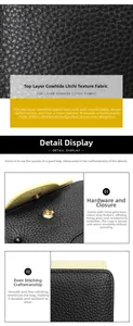 Close-up of black lychee grain genuine leather with gold metal snap and fine stitching