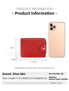 Red leather driver license wallet showing dimensions 11.5x8cm compared with iPhone
