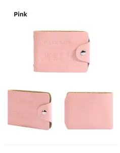 Detailed views of pink leather driver license holder with secure metal snap closure
