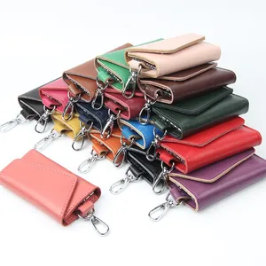 Multicolor genuine leather key pouch set with rotatable metal hook and trifold design