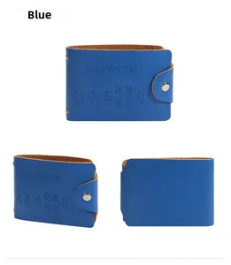 Blue leather document holder with silver metal snap closure and textured finish
