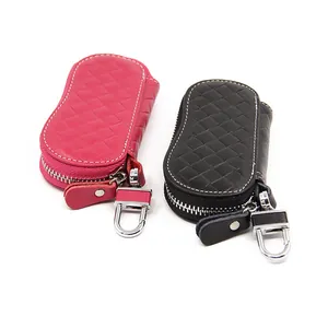 Black and rose red woven leather car key cases with metal zippers and rotating hooks