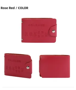 Multiple views of a rose red leather license wallet with button closure and litchi texture