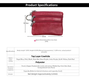 Tableau des tailles pour mini portefeuille rouge en cuir avec dimensions 12cm par 8,5cm