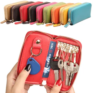 Multi-color genuine leather key wallet with zipper and interior slots for cards