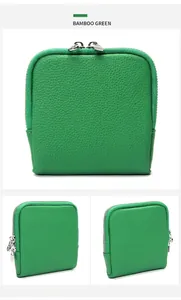 Vista detallada del estuche de joyería en cuero genuino verde bambú con grano lichi y cremallera
