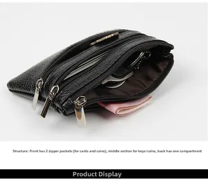 Détails du mini portefeuille en cuir noir à trois compartiments zippés pour monnaie