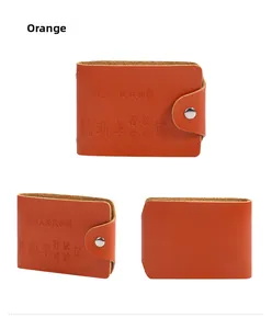 Three-angle views of an orange leather driver's license wallet with metal snap closure
