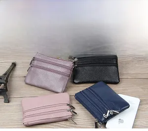 Mini portefeuilles en cuir véritable grainé avec trois fermetures éclair en plusieurs couleurs