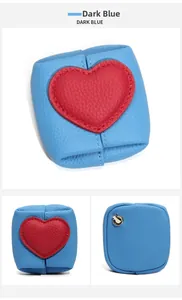 Detailed views of dark blue genuine leather coin purse with red heart and metal ring hook