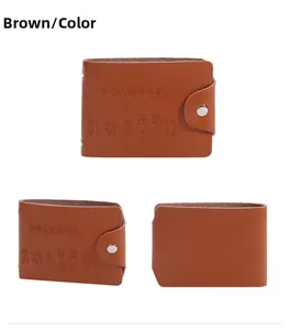 Close-up of brown leather driving license wallet featuring silver metal snap button