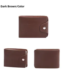 Macro detail of dark coffee leather license holder with secure metal snap button