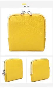 Vista en tres ángulos del estuche de joyas de cuero amarillo con cremallera doble