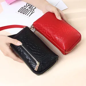 Women snake pattern leather clutch wallet with wristlet and metal zipper closure