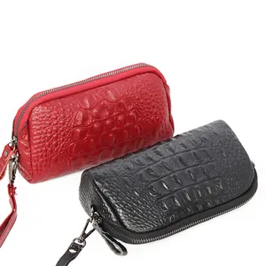 Classic crocodile embossed top grain leather long wallets in black and red with wristlet