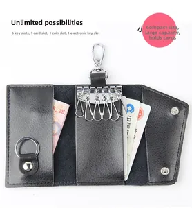 Internal layout of genuine leather key pouch with 6 hooks, card slot, and coin compartment