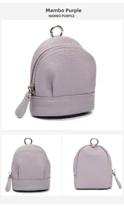 Mini cowhide leather coin purse in mambo purple with litchi grain texture and silver ring hook