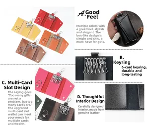 Detailed view of leather key case with six metal hooks and a D-ring in various colors