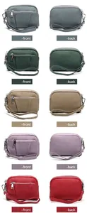 Viste dettagliate fronte e retro di mini portamonete in pelle in cinque colori