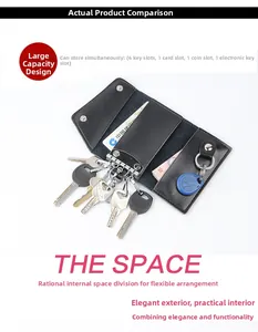Detail of genuine leather key case showing 6 metal hooks and internal card slots