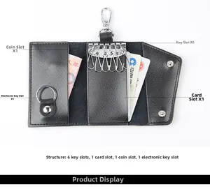 Detail view of black lychee leather key pouch with 6 hooks and card slots