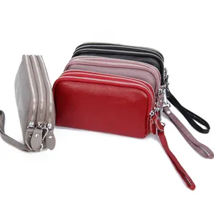 Three-layer genuine leather wristlet purse with multi-zip compartments in various colors