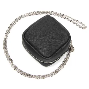 Mini black lychee leather makeup bag with silver chain strap and zipper closure